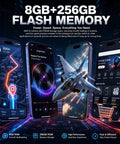 Built Different 5G Unlocked Smartphone Running Android 15 With 8GB RAM Plus 256GB Internal Storage And A Crisp 6.8 Inch HD Punch Hole Display showing apps and features.