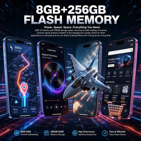 Built Different 5G Unlocked Smartphone Running Android 15 With 8GB RAM Plus 256GB Internal Storage And A Crisp 6.8 Inch HD Punch Hole Display showing apps and features.