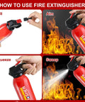 How to use Twelve Pack 21 Oz Water Based Mini Fire Extinguishers Class A B C K with steps: Pull, Aim, Squeeze, Sweep.