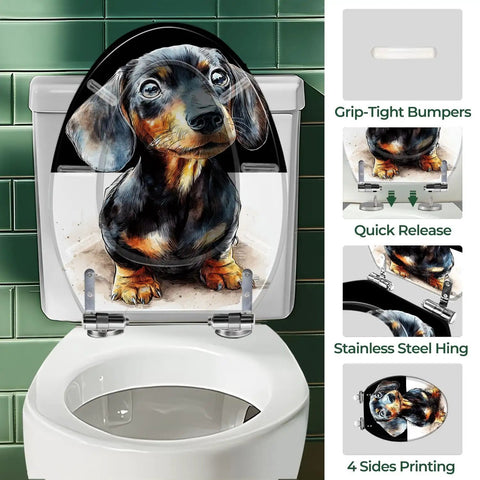 Elongated Toilet Seat Quiet Close Bathroom featuring a dachshund design, suitable for most elongated toilets.