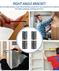 Collage showing Sturdy as Nails Stainless Steel L Shape Corner Braces Four Piece Set with usage in furniture assembly
