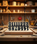 Versatile Black Clock Numerals Kit for DIY clock repair with Arabic and Roman numerals on a wooden surface in a workshop.