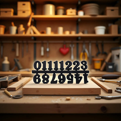 Versatile Black Clock Numerals Kit for DIY clock repair with Arabic and Roman numerals on a wooden surface in a workshop.
