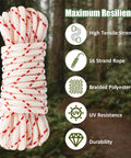 Built Tough 10 Ft 3.5mm Lawn Mower Pull Cord With Handle For Easy Starts And Lasting Durability, 2000Lb 16-Strand Braided Rope, Cut To Fit For Chainsaw, Pressure Washer, Snow Blower. Coiled white braided polyester rope with red tracers