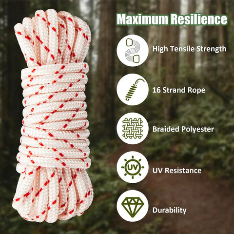 Built Tough 10 Ft 3.5mm Lawn Mower Pull Cord With Handle For Easy Starts And Lasting Durability, 2000Lb 16-Strand Braided Rope, Cut To Fit For Chainsaw, Pressure Washer, Snow Blower. Coiled white braided polyester rope with red tracers