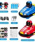 Two Pack Cool Cute Cartoon Remote Control Bumper Cars For Toddlers Mini RC Cars With Light And Sound For Fun 360 Degree Rotating Race Car Toys For 3 4 5 6 Year Old Boys Girls Kids Christmas Birthday Gifts, shown with accessories including action figures, batteries, and remotes.