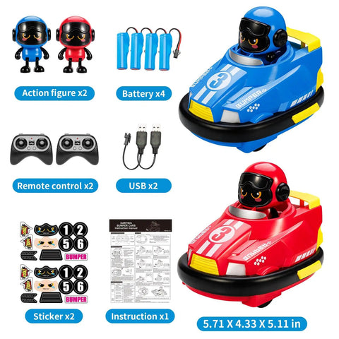 Two Pack Cool Cute Cartoon Remote Control Bumper Cars For Toddlers Mini RC Cars With Light And Sound For Fun 360 Degree Rotating Race Car Toys For 3 4 5 6 Year Old Boys Girls Kids Christmas Birthday Gifts, shown with accessories including action figures, batteries, and remotes.