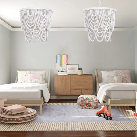 Two Tier White Wood Beaded Chandelier With Draped Maple Beads In Soft Painted White Finish in a boho bedroom setting