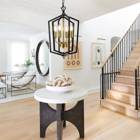 Four Light Dining Room Pendant Light Fixture Over Table Dope Black Farmhouse Chandelier Metal Modern Style for Kitchen Island Living Room Foyer and Entryway Brushed Brass Finish hanging in modern entryway