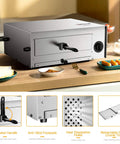 Stainless Steel Countertop Pizza Oven With Auto Shut Off, 12 Inch Capacity, 360 Degree Heating, Up Down Balance Heating on kitchen countertop with removable tray and easy grip handles suitable for home kitchens and small businesses.