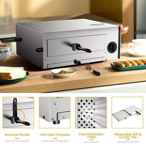 Stainless Steel Countertop Pizza Oven With Auto Shut Off, 12 Inch Capacity, 360 Degree Heating, Up Down Balance Heating on kitchen countertop with removable tray and easy grip handles suitable for home kitchens and small businesses.