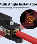 Upgraded Heavy Duty Copper Bus Bar And Power Distribution Block Pair close-up, showing multi-angle installation option with red wire connection.