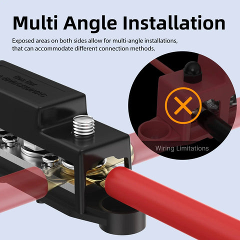 Upgraded Heavy Duty Copper Bus Bar And Power Distribution Block Pair close-up, showing multi-angle installation option with red wire connection.