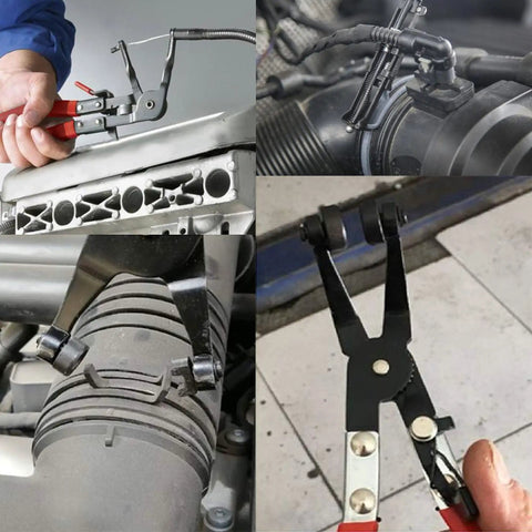 Three Piece Hose Clamp Pliers Kit With Long Reach Wire Spring Clamp Remover in use on automotive hoses