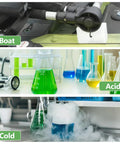 Three panels show a boat engine, colorful chemical beakers labeled 'acid,' and a cold reaction with fog on a tabletop.