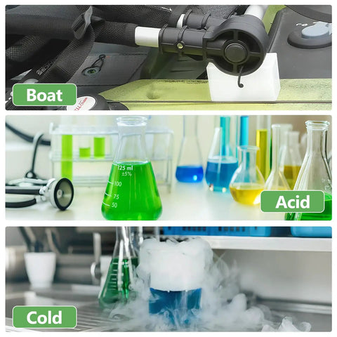 Three panels show a boat engine, colorful chemical beakers labeled 'acid,' and a cold reaction with fog on a tabletop.