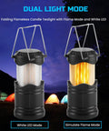 4 Pack Led Camping Lanterns And Collapsible Flameless Tea Lights showing white LED and flame mode in camping scene