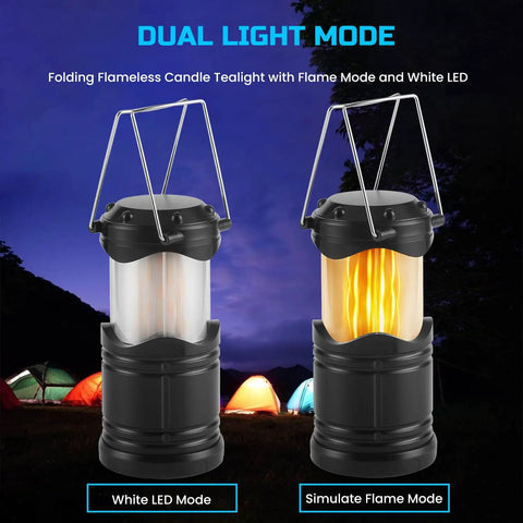 4 Pack Led Camping Lanterns And Collapsible Flameless Tea Lights showing white LED and flame mode in camping scene