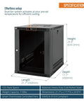 Solid As A Rock 12U Wall Mount Server Cabinet With Clear Glass Door And Auto Thermostat Space Saving 19 Inch Gear Rack Featuring Whisper Quiet Dual Fan Cooling Dead Simple Lockable Panel For Tech Crews dimensions and specifications.