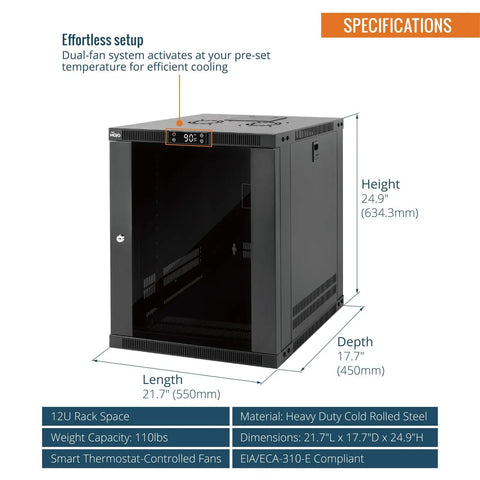 Solid As A Rock 12U Wall Mount Server Cabinet With Clear Glass Door And Auto Thermostat Space Saving 19 Inch Gear Rack Featuring Whisper Quiet Dual Fan Cooling Dead Simple Lockable Panel For Tech Crews dimensions and specifications.