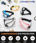 Colorful array of Two Pack Anti Fog Safety Goggles Over Glasses ANSI Z87.1 Certified For Lab Work And Industrial Use Premium Anti Scratch Coating Ventilated Panoramic Safety Goggles Adjustable Strap Fits Over Glasses All Day Comfort Workhorse on tabletop.