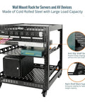 12U Open Frame Network Rack On Wheels With 4 Posts For IT And AV Gear, Mobile Steel Cabinet Includes 2 X 1U Server Shelves