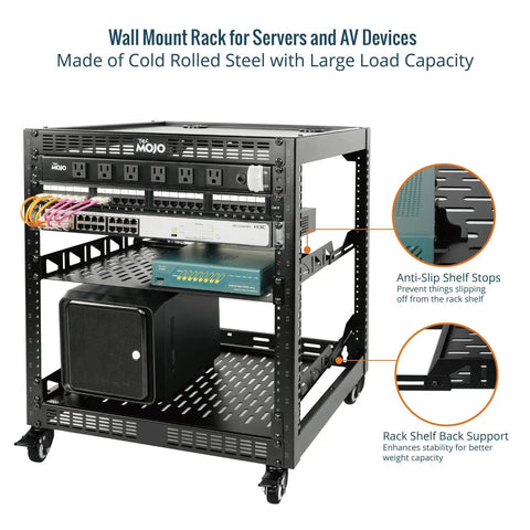 12U Open Frame Network Rack On Wheels With 4 Posts For IT And AV Gear, Mobile Steel Cabinet Includes 2 X 1U Server Shelves