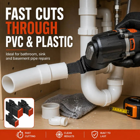 Fifty Piece Bimetal Oscillating Multi Tool Blades For Wood And Plastic Demolition Work Built Like A Tank Heavy Duty Replacement Saw Accessories cutting through PVC pipes in a bathroom repair.