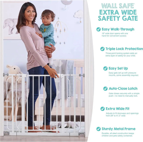 Woman holding child standing beside Extra Wide Baby Safety Gate For Openings From 29 To 41.5 Inches, 30 Inches Tall, Includes Two 4 Inch Extensions