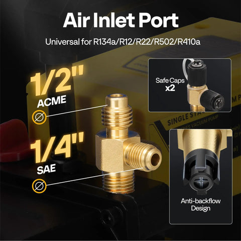 Air inlet port for Heavy Duty 1/4 Hp 3.5 Cfm Hvac Air Conditioning Vacuum Pump with 1/2" ACME and 1/4" SAE connections.