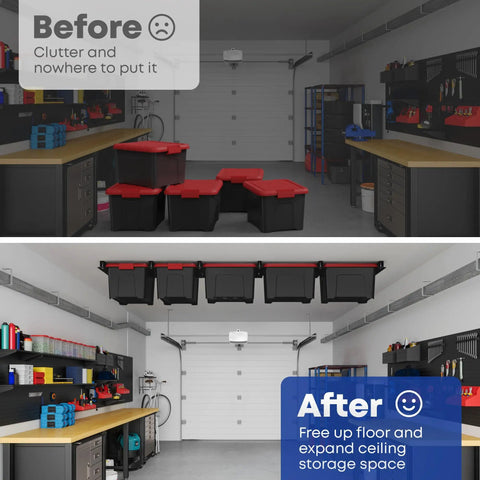 Overhead Garage Storage Rack System For Ceiling Mounted Storage, Heavy Duty Ceiling Rails For 27 Gallon Totes, shown before and after installation