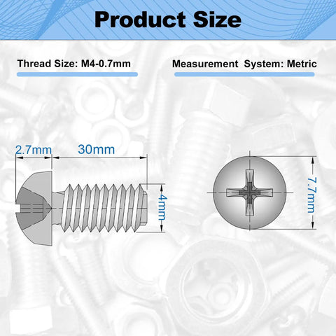 M4x30mm Stainless Steel Pan Head Phillips Machine Screws 0.7mm Pitch 1.18 Inch Fully Threaded Bolts For Cabinet Doors And Furniture Pack Of 30 For Home Improvement Projects And DIY Cabinet Making And Repair Tasks thread size illustration