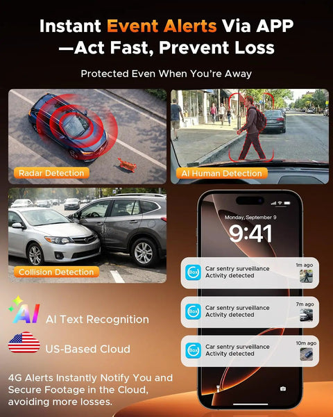 Event alerts on phone for 4G LTE Cellular Dash Cam With Live Streaming And GPS Tracking, AI Detection, US cloud storage.