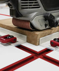 Dead Simple Quick Swap Cam Stops For Router Tables With Tight Grip T Track Clamps Low Profile Anodized Aluminum Body in use with wood.