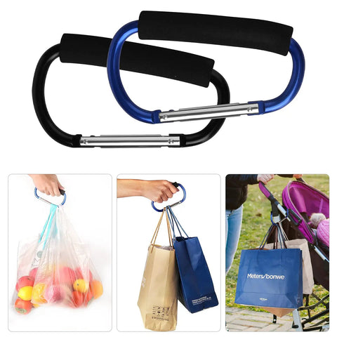 4 Pack Large 5.5 Inch D Style Carabiner Hooks With Foam Cushioned Handles for pain free carrying in grocery trips and stroller runs