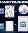 Product dimensions of All In One Trading Card Shipping Kit with 200 protectors, bubble mailers, and sealing stickers shown