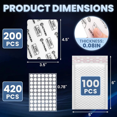 Product dimensions of All In One Trading Card Shipping Kit with 200 protectors, bubble mailers, and sealing stickers shown