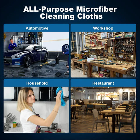 UNIMADE blue microfiber shop towels, 100 sheets, for automotive, workshop, household and restaurant cleaning.