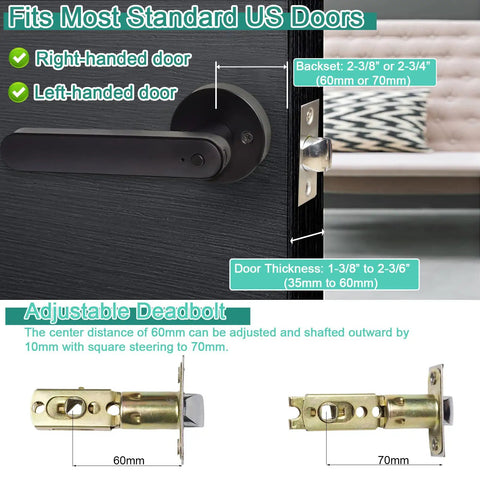 Smart Fingerprint Door Lock With Keyless Entry Auto Lock And Passage Mode Biometric Thumbprint Door Knob For Office Or Apartment Easy Installation Black Finish on standard US door showing dimensions and adjustable deadbolt