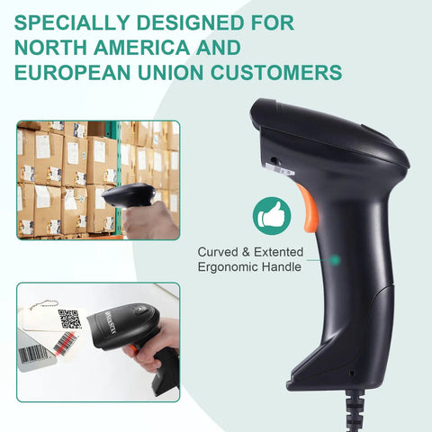 Speedy 1D USB Barcode Scanner With Stand, handheld wired laser reader showing ergonomic handle and scanning in warehouse.