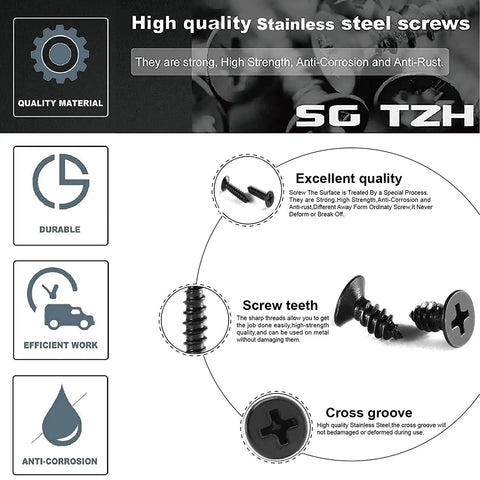 Real-Deal Heavy Duty Size 12 X 3/4 Inch Wood Screws 100 Piece Pack Self Tapping 304 Stainless Steel Flat Phillips Heads Black Oxide Coating Rust Proof Hardware close-up with detailed features.