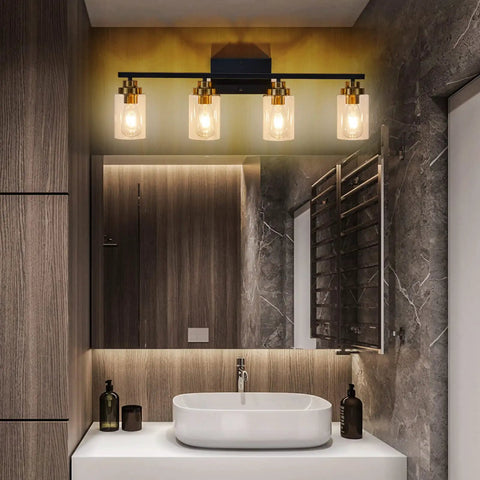 4 Light Vanity Light Fixture For Bathrooms Over Mirror Wall Lights With Matte Black And Gold Shades Clear Glass Modern Lampshade