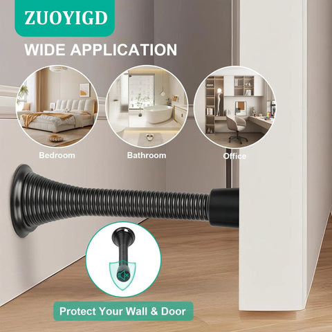 Heavy Duty Spring Door Stops 6 Pack Matte Black Wall Mount Blockers With Cushioned Rubber Bumpers shown mounted in a room for wall protection.
