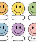 Smiley Name Tags Pack 120 Pcs Boho Pastel Smile Face Nameplates with multicolor smiling faces for classroom and office labeling.