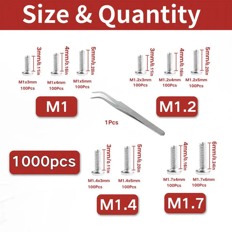 Size chart of Small Micro Repair Screw Set 1000Pcs Nickel Plated Carbon Steel Phillips Pan Head Precision Screws for Eyeglasses