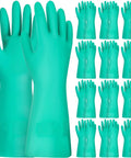 Twelve Pairs Of Heavy Duty Nitrile Work Gloves Shielding Hands From Tough Chemical Oil And Solvent Hazards With Puncture Resistant Fit For Tackling Nasty Engine Jobs And Deep Home Cleans.