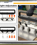 Close-up of Three Station Edge Roller Bender showing height-adjustable feature with gloved hand and adjustable knobs.