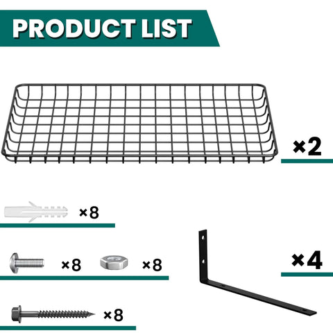 Garage Wall Shelves 12 By 24 Inch Heavy Duty Metal Wall Mounted Storage Shelf Set 2 Pack Black Rust Resistant Finish Each Shelf Holds Up To 60 Lbs Perfect For Tools Gear And Garage Clutter product components including shelves, brackets, and screws