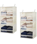 Top Quality Double Pack Hanging Closet Organizer With Three Tier Foldable Build To Store Fresh Threads And Keep Your Wardrobe Crisp While Clearing Tight Spaces For Smarter Home Layout Wins, featuring beige fabric with clothes neatly stored.