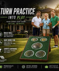 Chipping Golf Game Board Set For Indoor Outdoor Fun Heavy Duty Solid Pine Wood Golf Cornhole Style Practice Board For Adults And Kids, displayed on green lawn with three people
